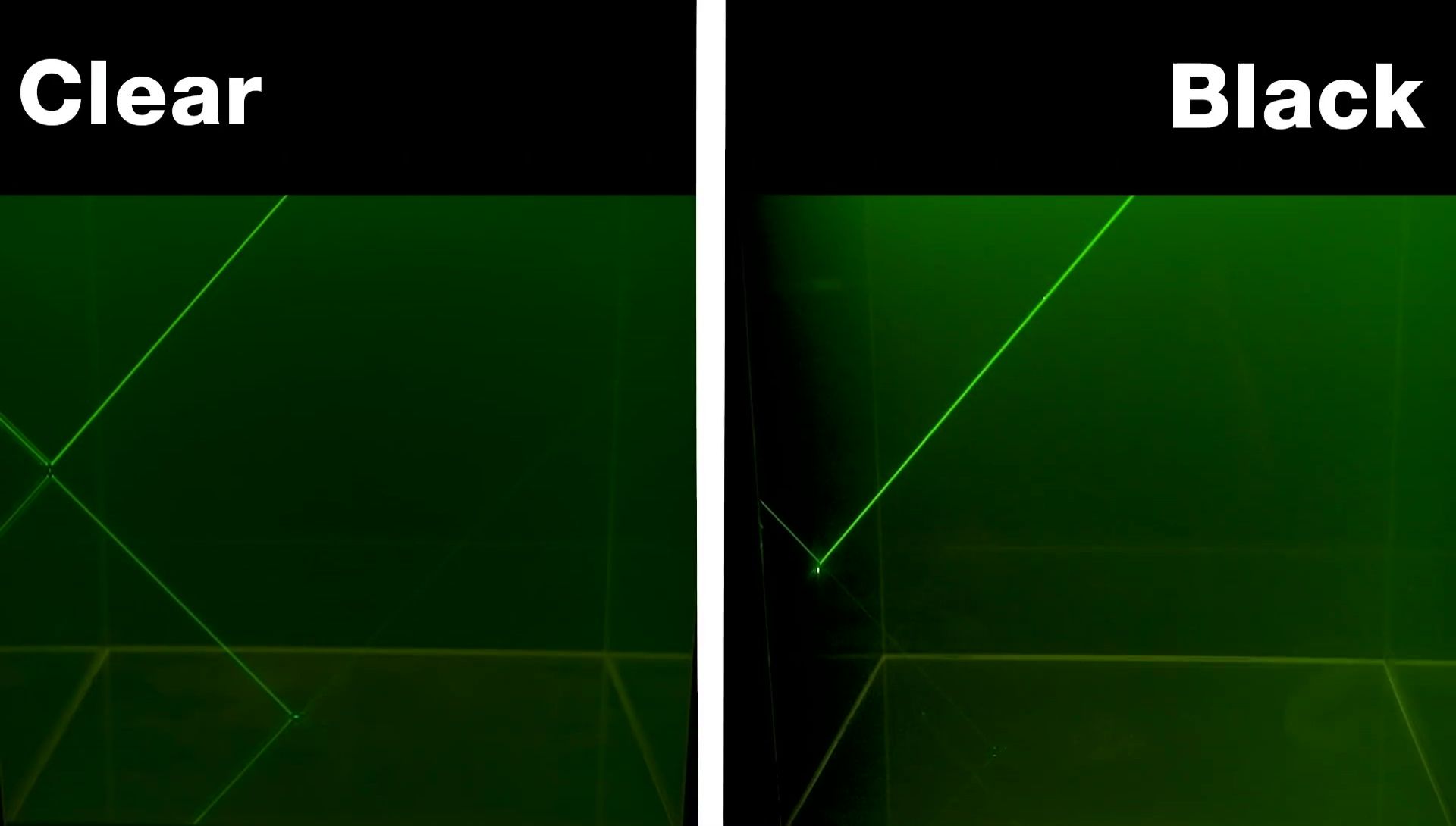 Laser beam comparison between a clear and a black background.