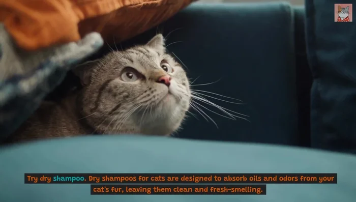 Apply cat-specific dry shampoo to absorb oils and odors. Brush it out thoroughly.