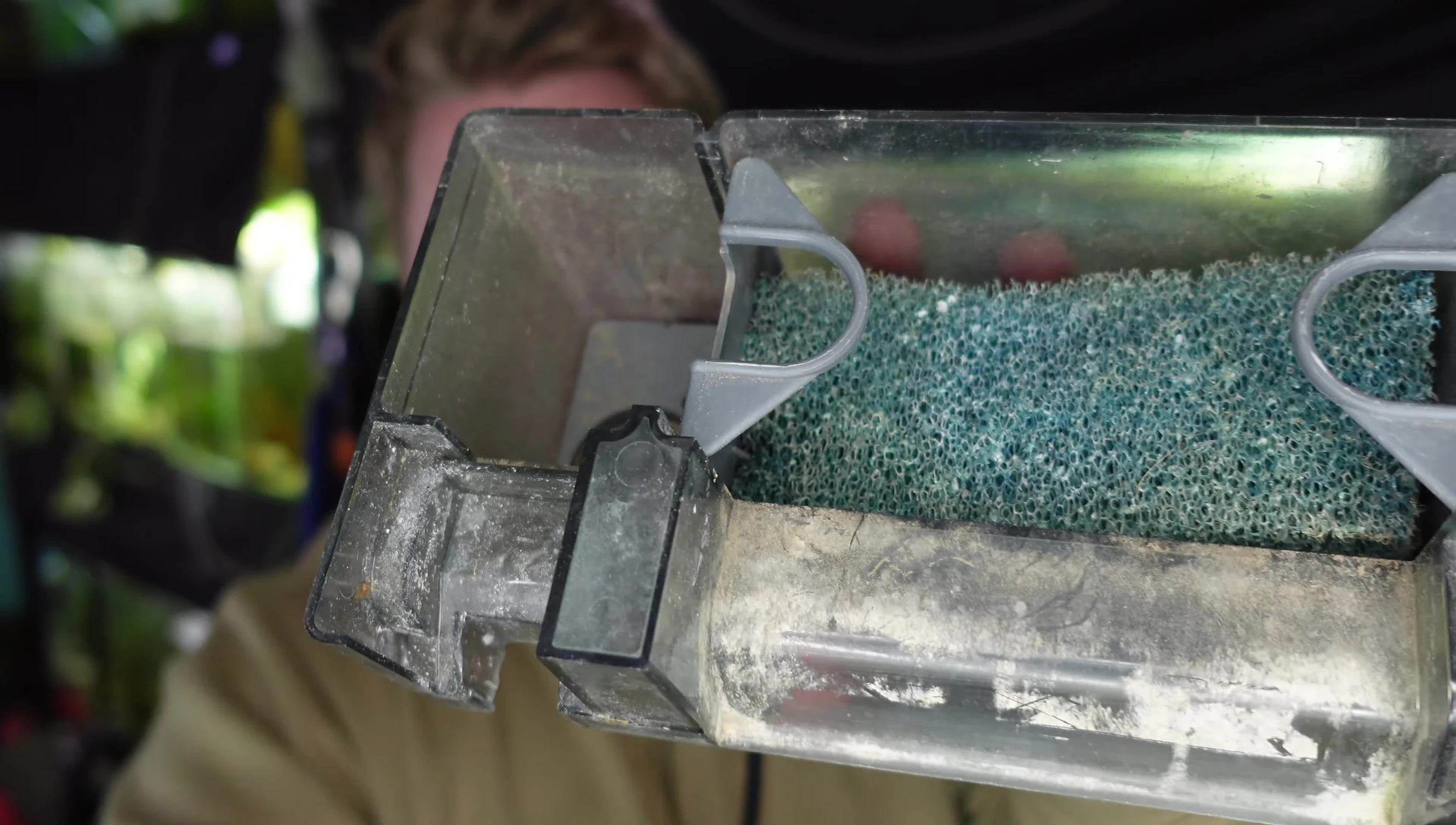 Close up showing the impeller of a hang on back filter, highlighting the potential danger to small fish and shrimp.