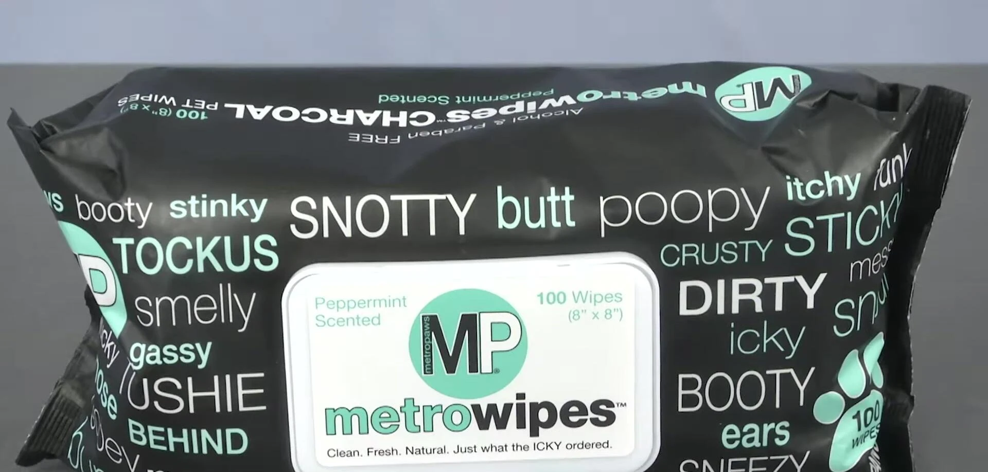 The packaging of Metro Paws Metro Wipes showing the different scent options.