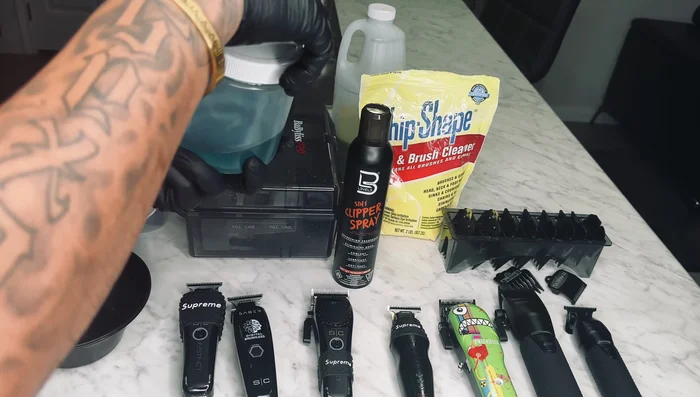 Disinfect clippers: Turn on clippers and dip the blades into the disinfectant solution for about 15 seconds. Don't submerge completely, just the blades. Let it sit for 10-15 minutes.