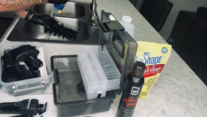 Disinfect guards: Place cleaned guards into a solution of water and barbicide (or other disinfectant solution) for 10-15 minutes.