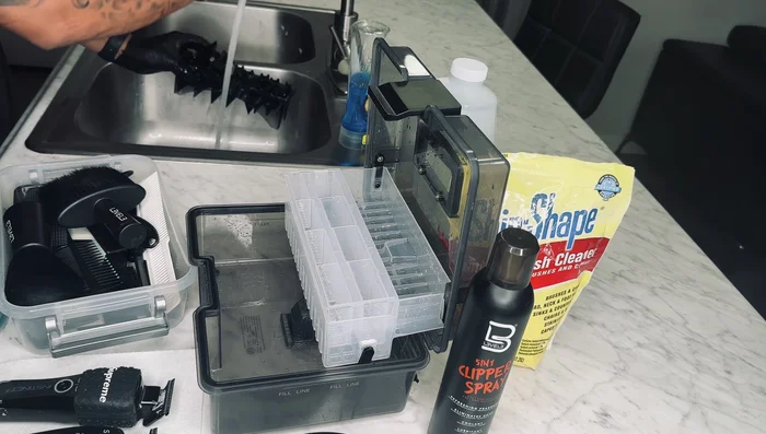 Disinfect guards: Place cleaned guards into a solution of water and barbicide (or other disinfectant solution) for 10-15 minutes.