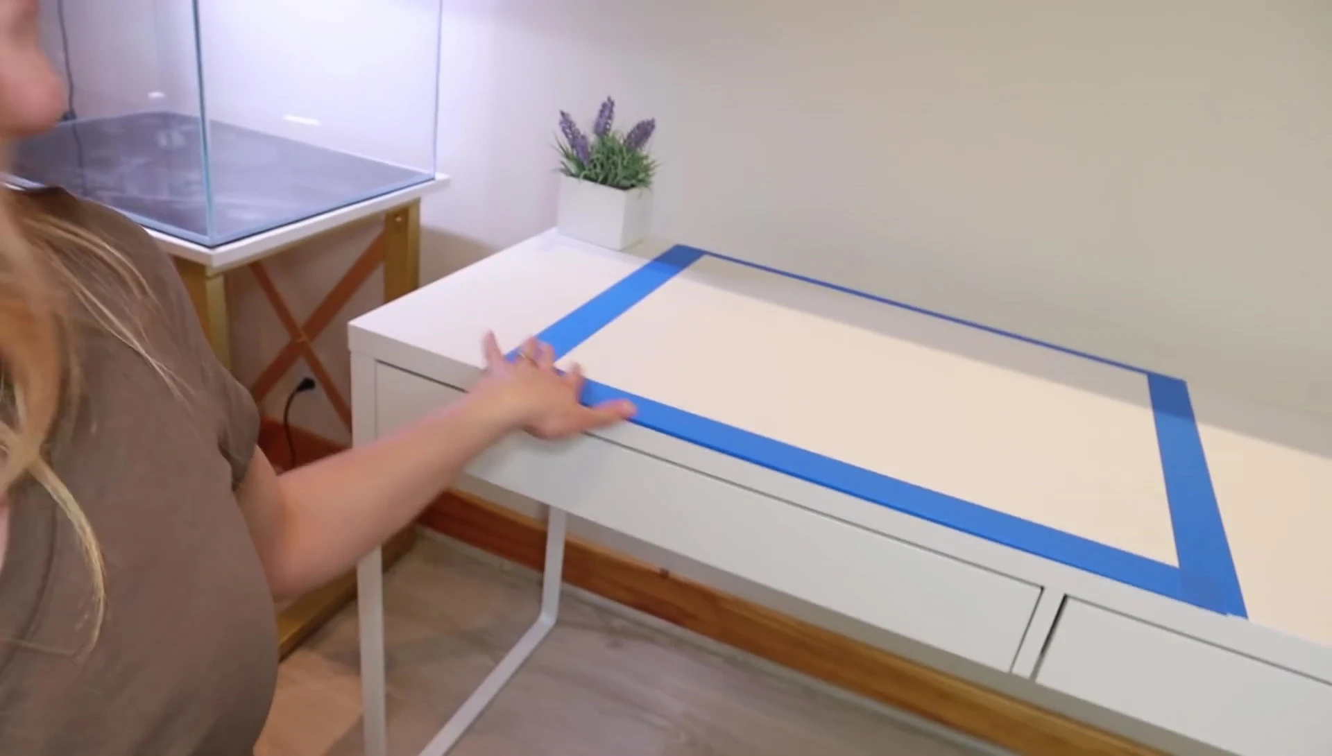 The workspace with the tank dimensions taped out.