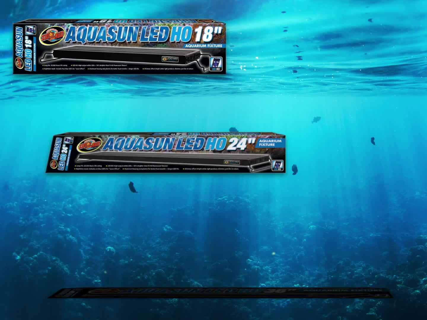 Different sizes of AquaSun LED light fixtures shown, emphasizing the variety available.