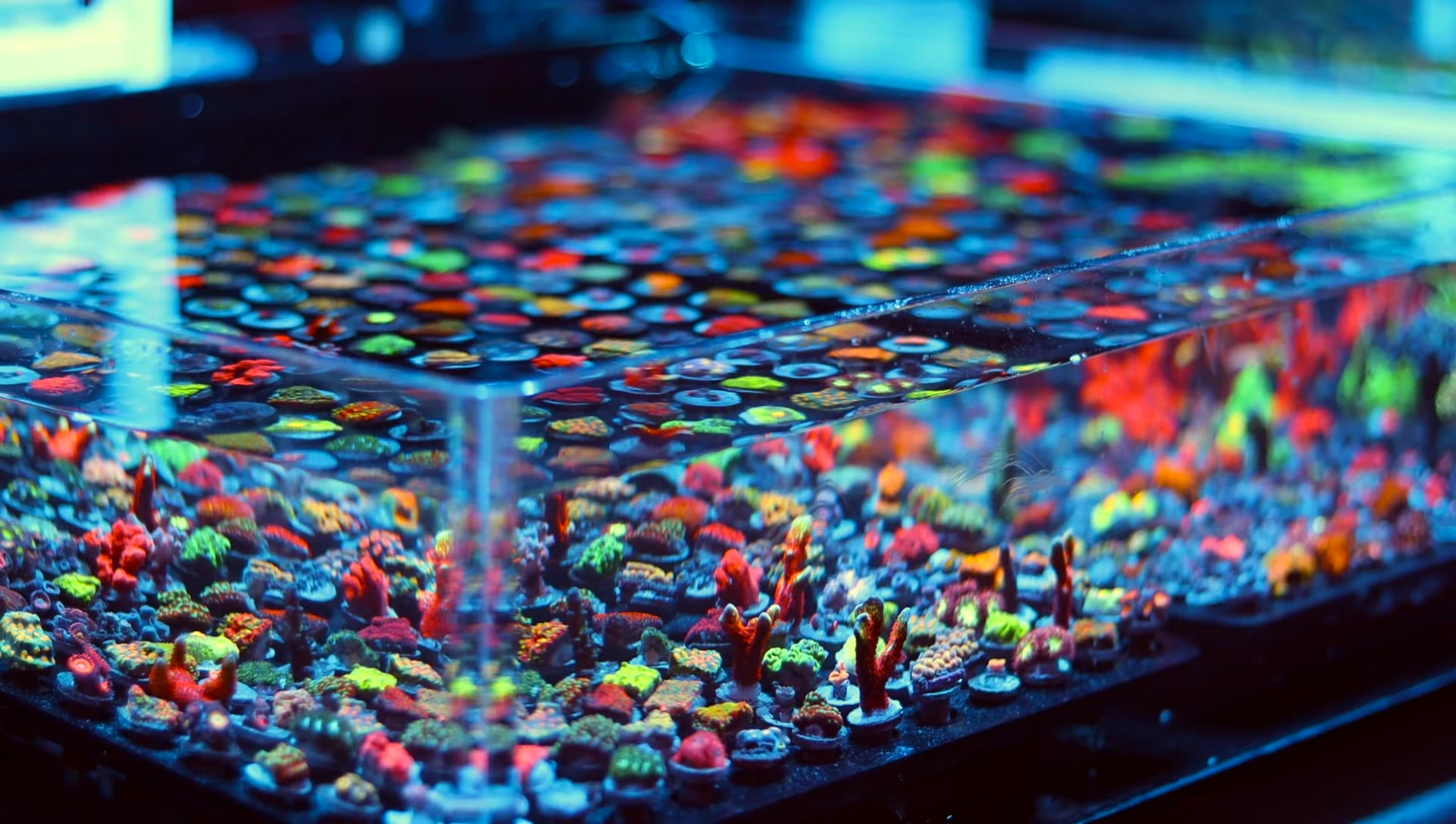 A vibrant, healthy coral reef in a saltwater aquarium