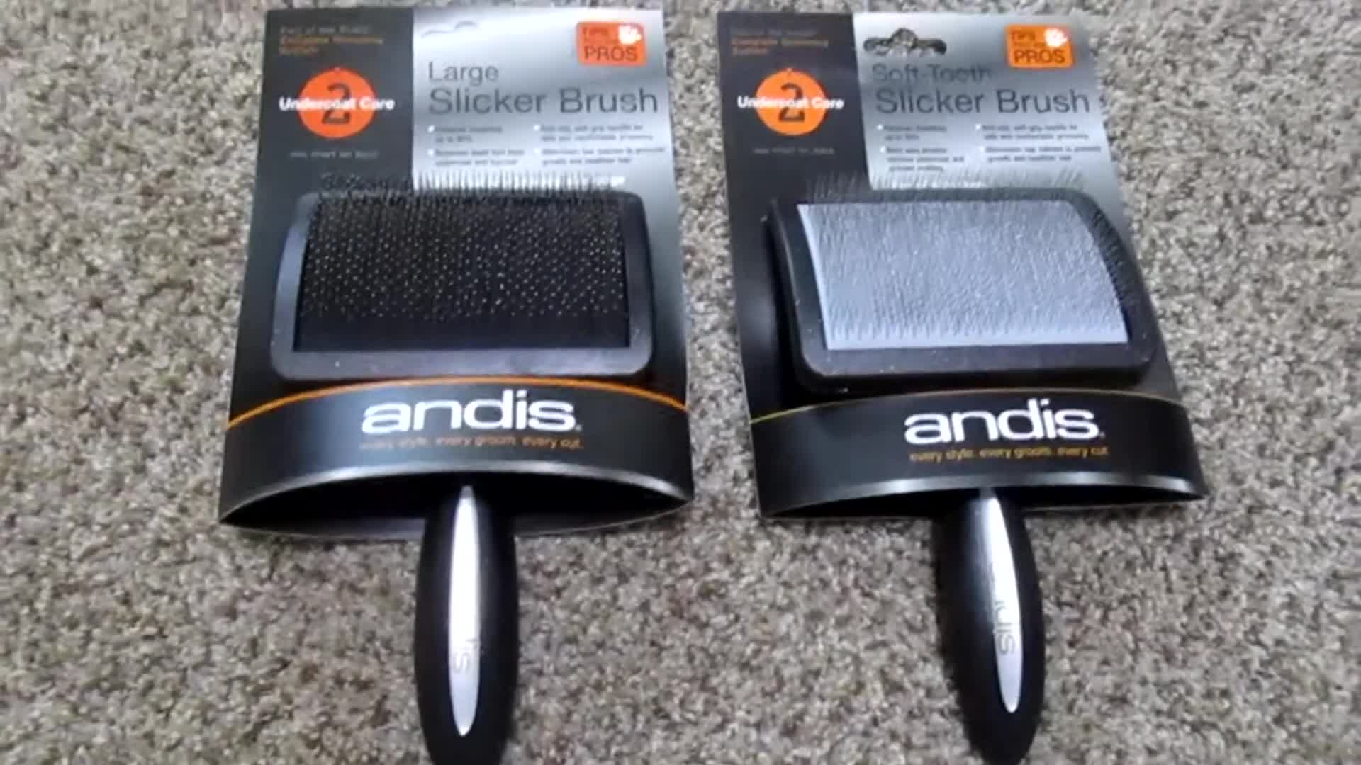 Close-up shot of the Andis slicker brushes and their packaging, highlighting the low price.