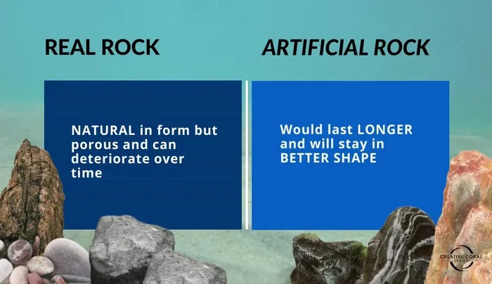 Evaluate form and durability: Artificial rocks are more durable and retain their shape better over time.