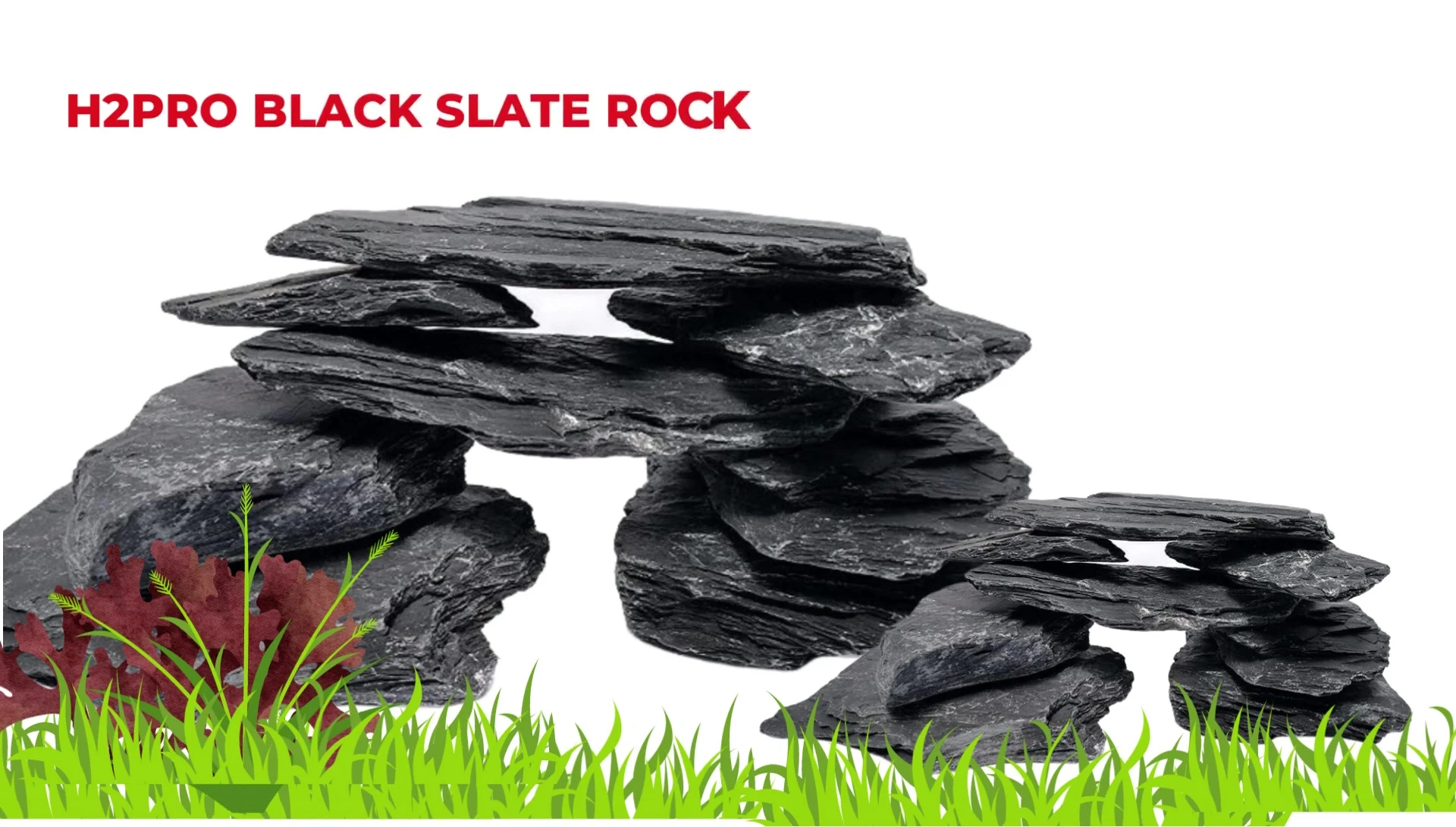 Example of an aquascape featuring the H2 Pro Black Slate rocks, showcasing their use in creating a dramatic underwater scene.