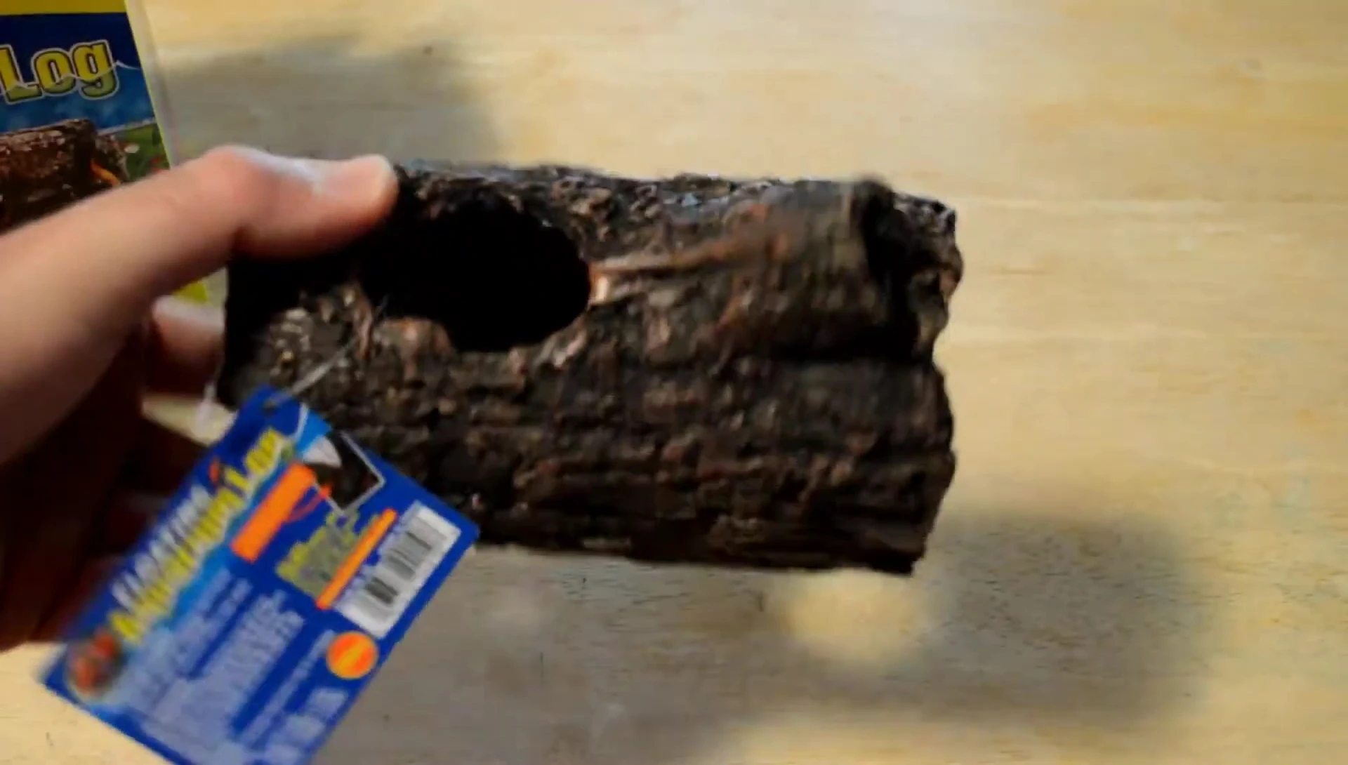 The reviewer holding the Zoo Med Floating Aquarium Log for the first time.