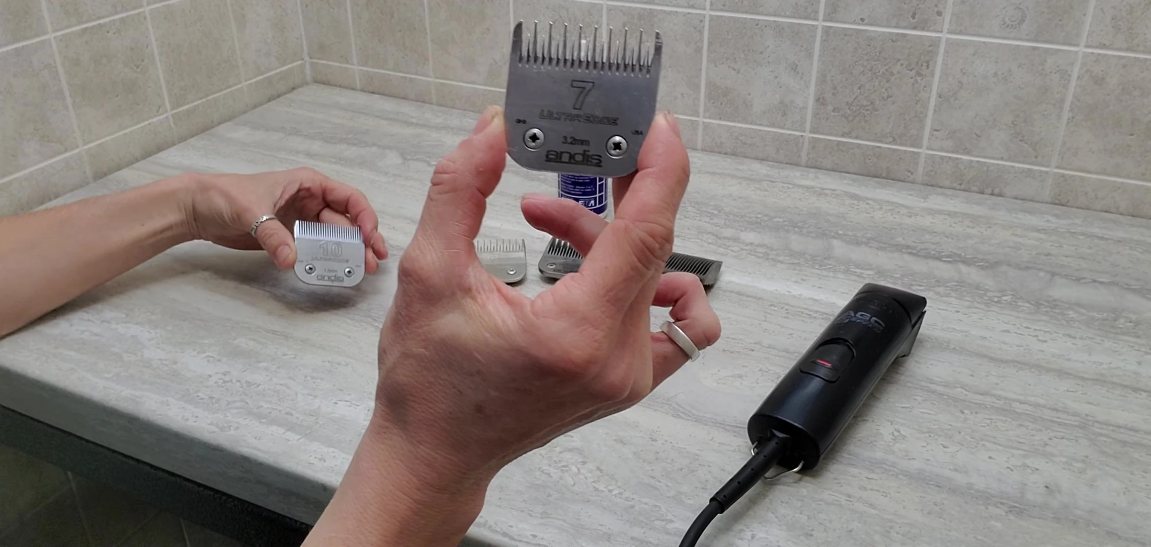 The groomer displays various clipper blade sizes.