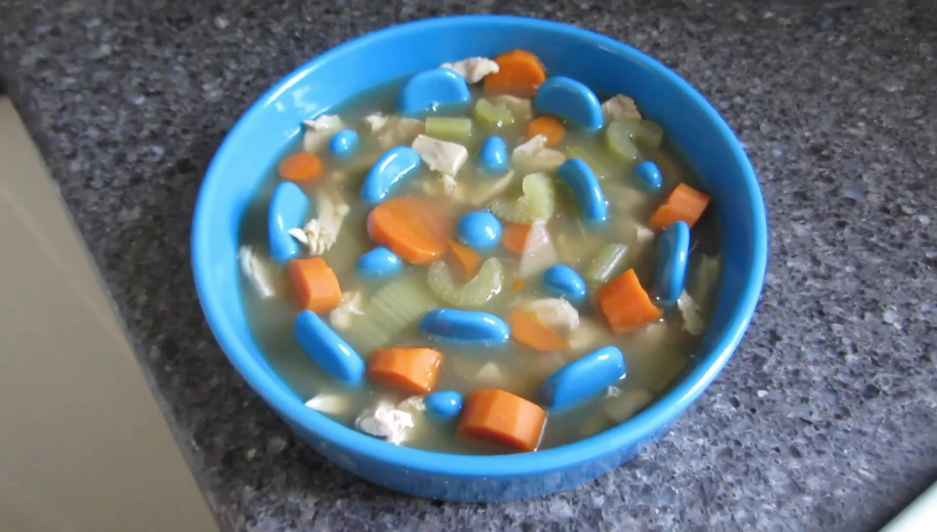 The dog is looking at the bowl of chicken soup.