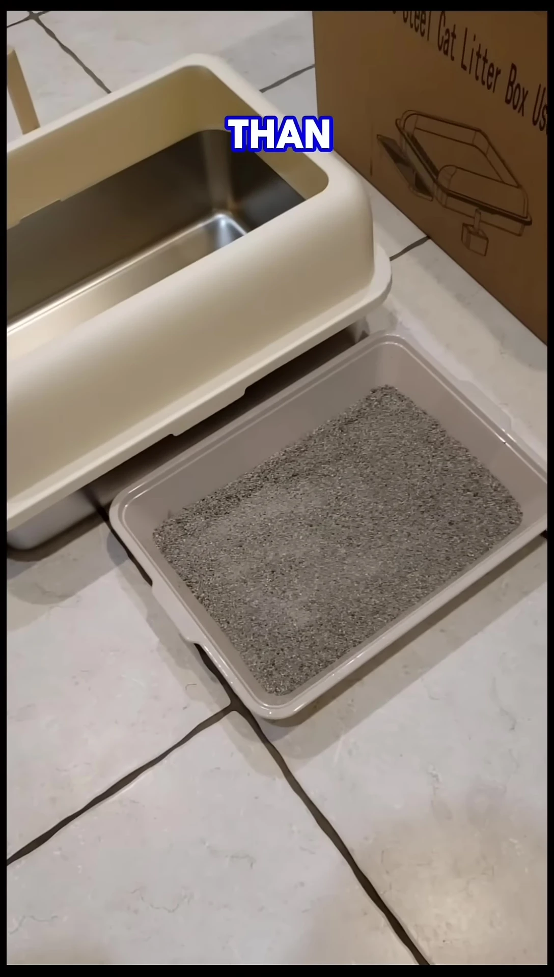 Comparison shot of the Pull and Scoop next to a basic litter box.