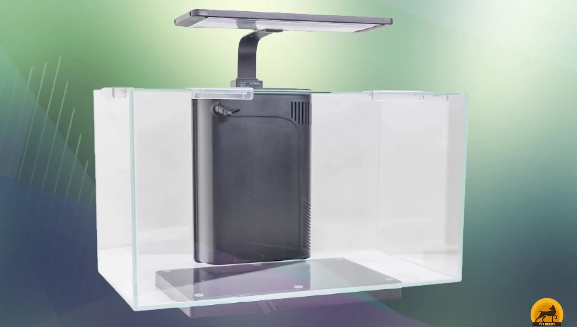 Close-up view of the filtration system and LED lights included with the JBJ aquarium.
