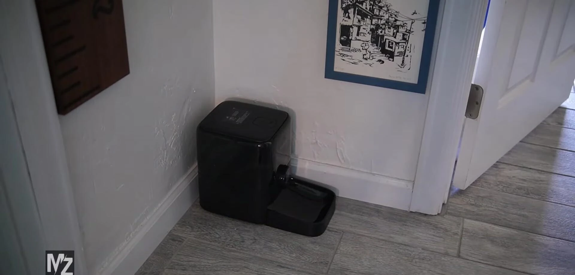 The pet feeder placed in different locations in a home.