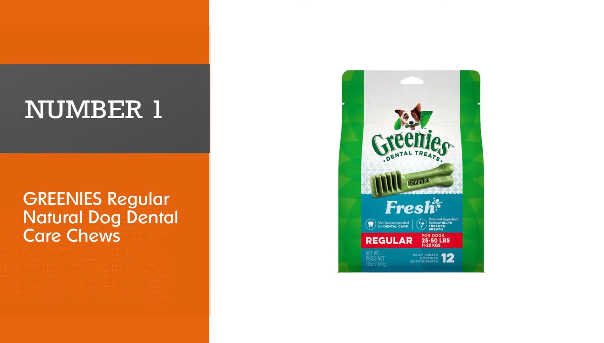 Packaging shot of Greenies dental chews.