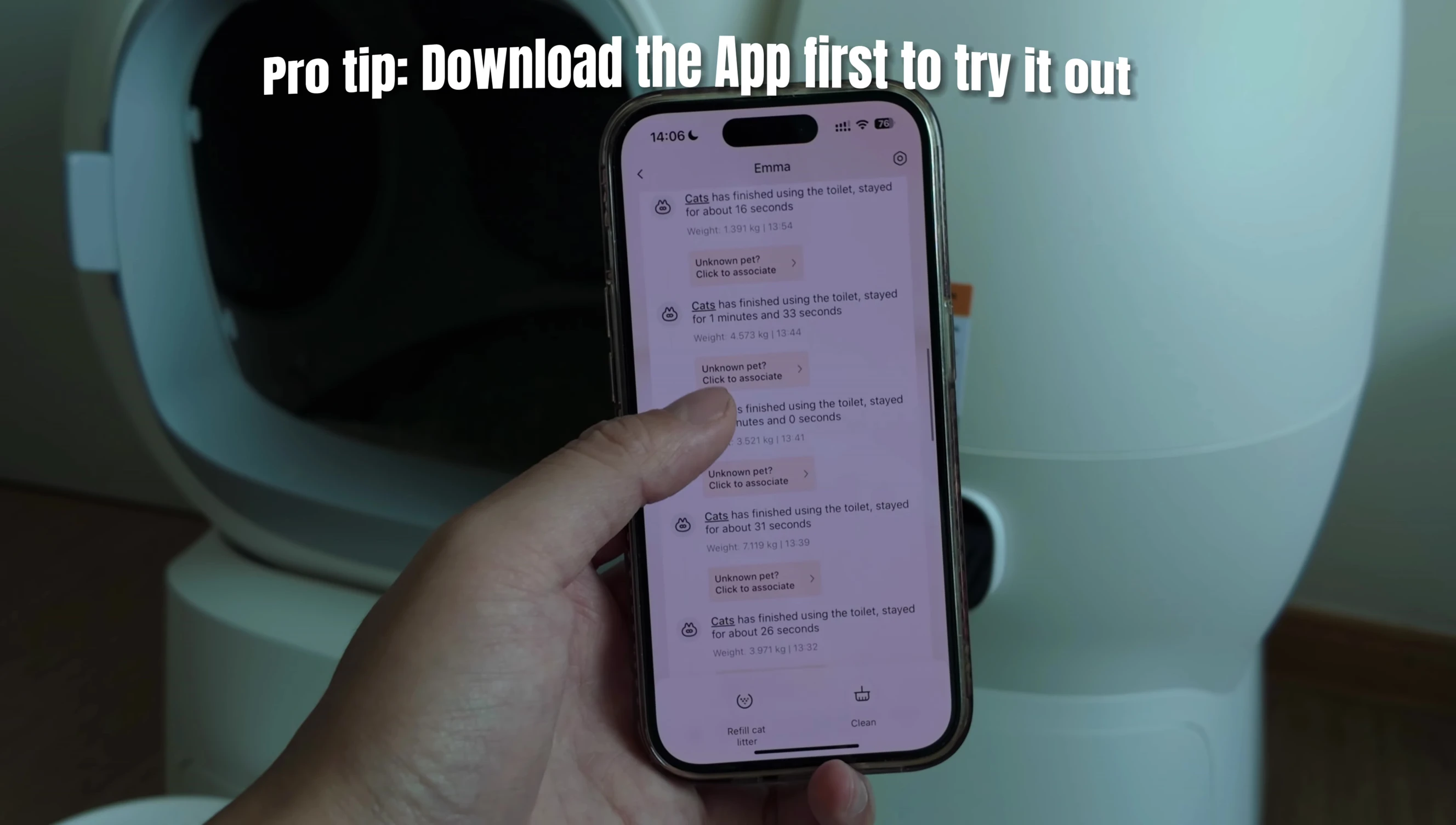 Screenshot of a self-cleaning litter box app interface.